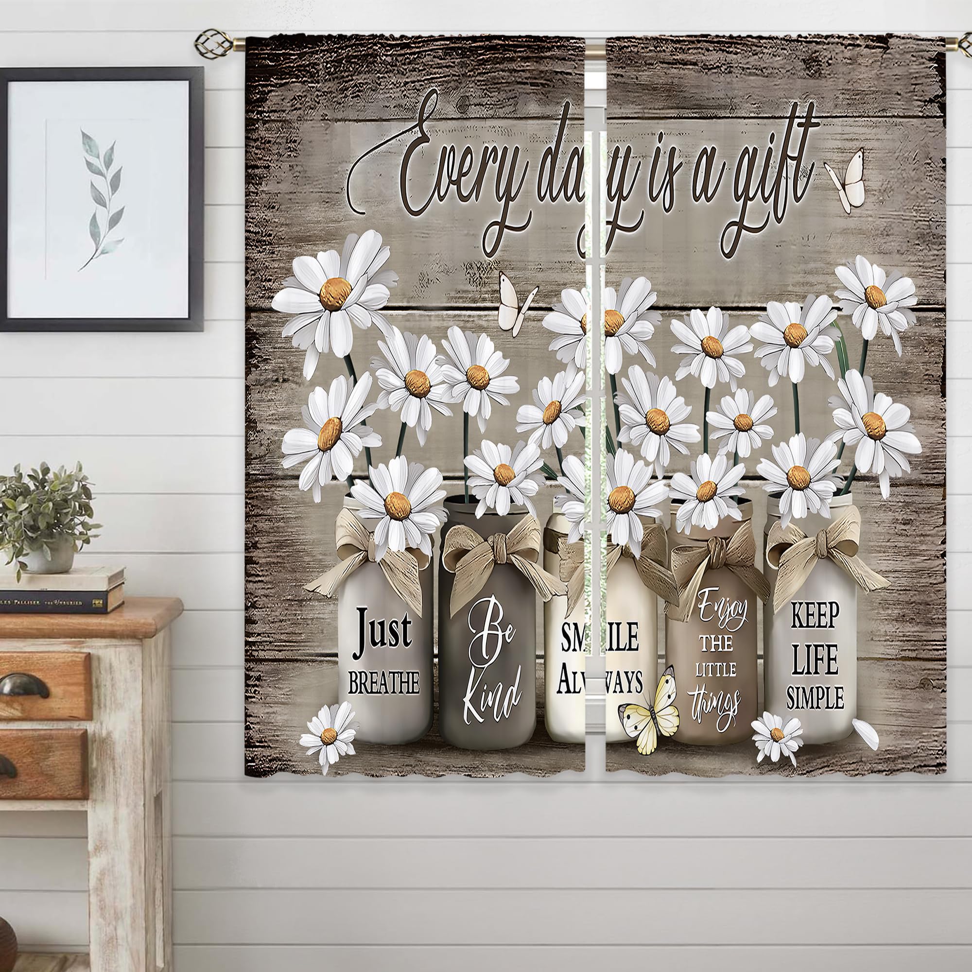 Floral Kitchen Curtains Daisy Rustic Vintage Flower Inspirational Small Short Cafe Window Curtains