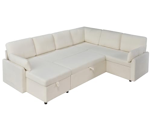 112 Inch Pull Out Sofa Bed with Storage Chaise & 3 Seater, Oversized U Shape Sectional Couch with Pull Out Bed,