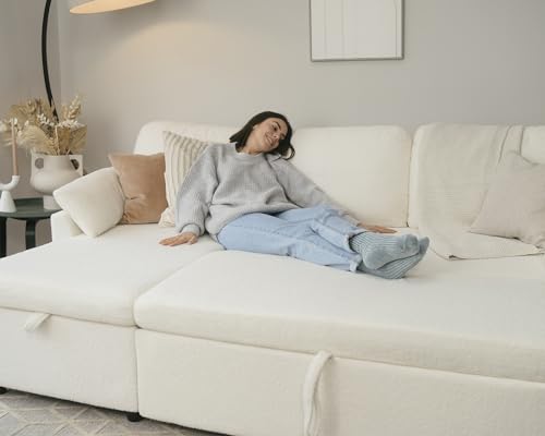 112 Inch Pull Out Sofa Bed with Storage Chaise & 3 Seater, Oversized U Shape Sectional Couch with Pull Out Bed,