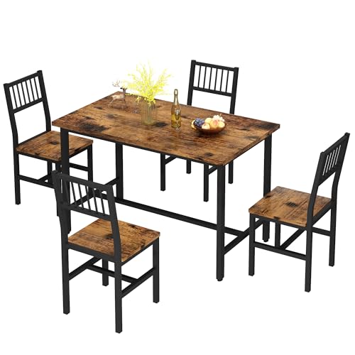 4 Pieces Dining Table Set, Industrial Dining Table with Bench and Chairs, Table Set with Storage Rack