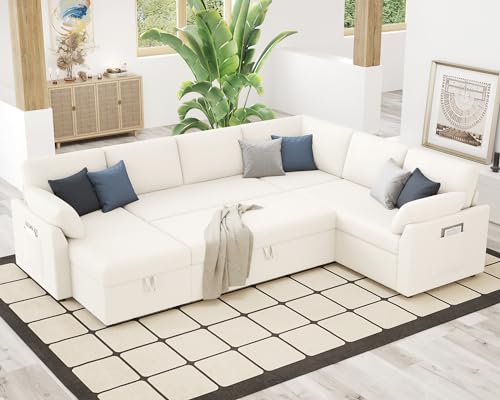 112 Inch Pull Out Sofa Bed with Storage Chaise & 3 Seater, Oversized U Shape Sectional Couch with Pull Out Bed,
