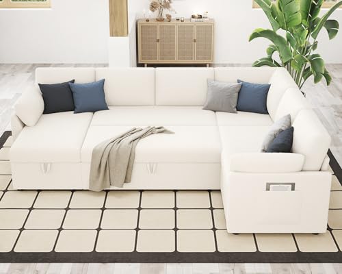 112 Inch Pull Out Sofa Bed with Storage Chaise & 3 Seater, Oversized U Shape Sectional Couch with Pull Out Bed,