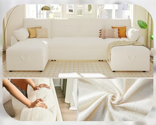 112 Inch Pull Out Sofa Bed with Storage Chaise & 3 Seater, Oversized U Shape Sectional Couch with Pull Out Bed,