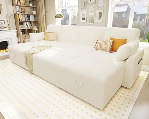 112 Inch Pull Out Sofa Bed with Storage Chaise & 3 Seater, Oversized U Shape Sectional Couch with Pull Out Bed,