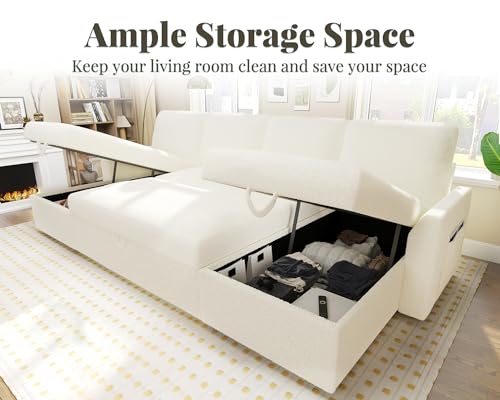 112 Inch Pull Out Sofa Bed with Storage Chaise & 3 Seater, Oversized U Shape Sectional Couch with Pull Out Bed,