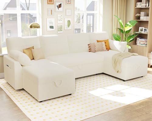 112 Inch Pull Out Sofa Bed with Storage Chaise & 3 Seater, Oversized U Shape Sectional Couch with Pull Out Bed,