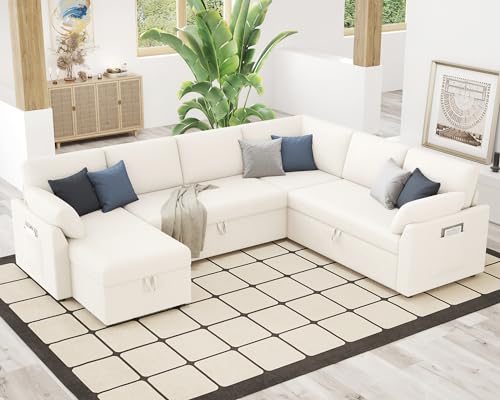 112 Inch Pull Out Sofa Bed with Storage Chaise & 3 Seater, Oversized U Shape Sectional Couch with Pull Out Bed,