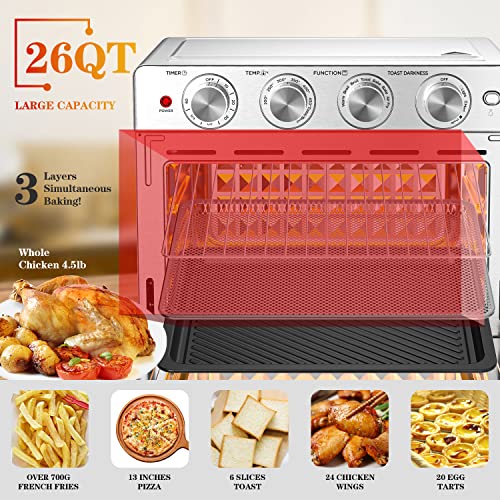 6 Slice 26QT Air Fryer Toaster Oven Combo, Air Fryer Oven,Roast, Bake, Broil, Reheat, Fry Oil-Free, , Stainless Steel,