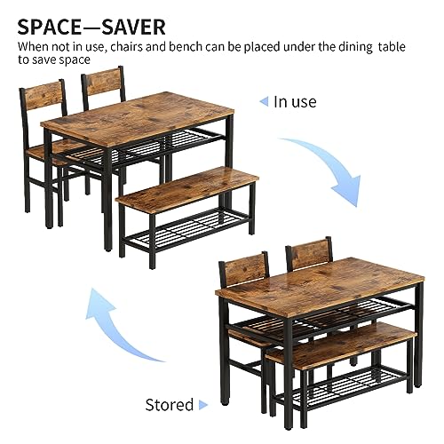 4 Pieces Dining Table Set, Industrial Dining Table with Bench and Chairs, Table Set with Storage Rack