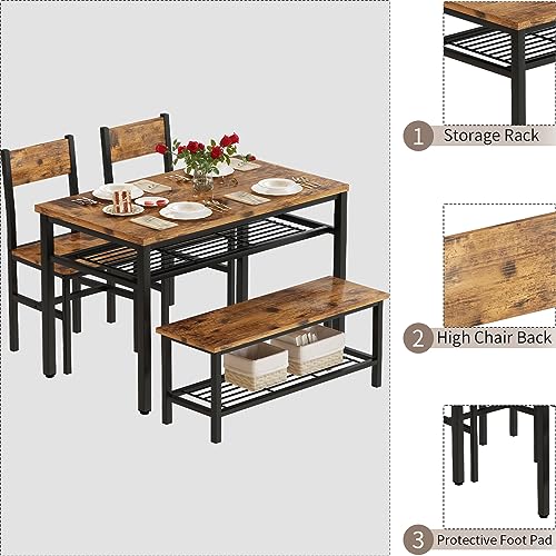 4 Pieces Dining Table Set, Industrial Dining Table with Bench and Chairs, Table Set with Storage Rack