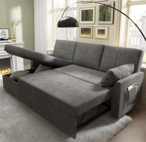 112 Inch Pull Out Sofa Bed with Storage Chaise & 3 Seater, Oversized U Shape Sectional Couch with Pull Out Bed,