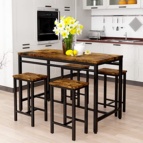 4 Pieces Dining Table Set, Industrial Dining Table with Bench and Chairs, Table Set with Storage Rack