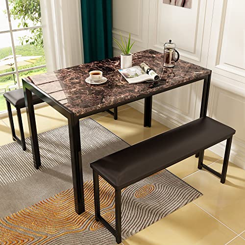4 Pieces Dining Table Set, Industrial Dining Table with Bench and Chairs, Table Set with Storage Rack