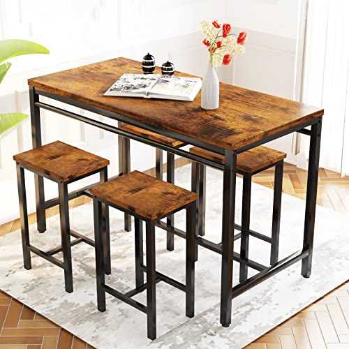 4 Pieces Dining Table Set, Industrial Dining Table with Bench and Chairs, Table Set with Storage Rack
