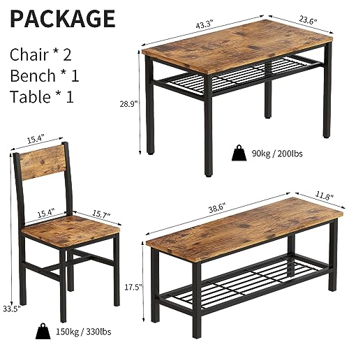4 Pieces Dining Table Set, Industrial Dining Table with Bench and Chairs, Table Set with Storage Rack