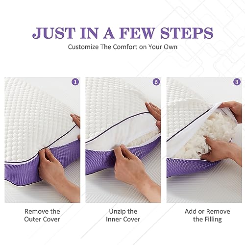 Adjustable Shredded Memory Foam Pillows Queen Size, Cooling Bed Pillows for Side Stomach & Back Sleepers, 2 Packs 20"x28"
