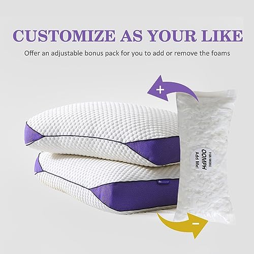 Adjustable Shredded Memory Foam Pillows Queen Size, Cooling Bed Pillows for Side Stomach & Back Sleepers, 2 Packs 20"x28"