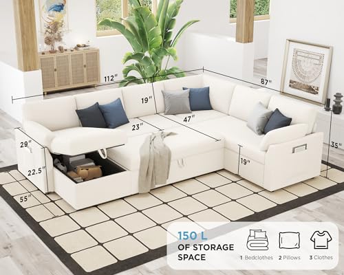 112 Inch Pull Out Sofa Bed with Storage Chaise & 3 Seater, Oversized U Shape Sectional Couch with Pull Out Bed,