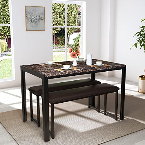 4 Pieces Dining Table Set, Industrial Dining Table with Bench and Chairs, Table Set with Storage Rack
