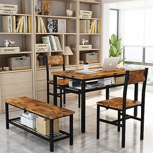 4 Pieces Dining Table Set, Industrial Dining Table with Bench and Chairs, Table Set with Storage Rack