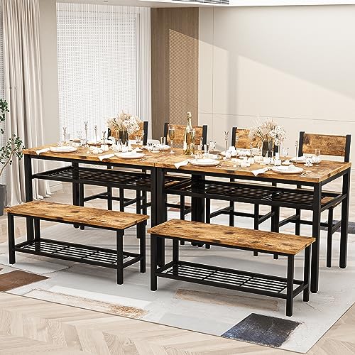 4 Pieces Dining Table Set, Industrial Dining Table with Bench and Chairs, Table Set with Storage Rack