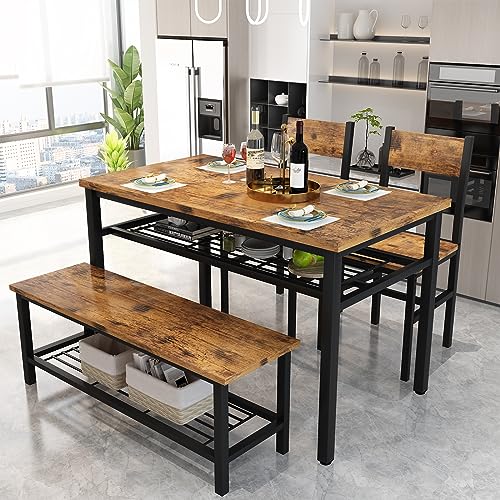 4 Pieces Dining Table Set, Industrial Dining Table with Bench and Chairs, Table Set with Storage Rack