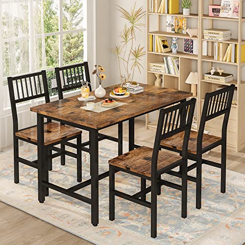 4 Pieces Dining Table Set, Industrial Dining Table with Bench and Chairs, Table Set with Storage Rack
