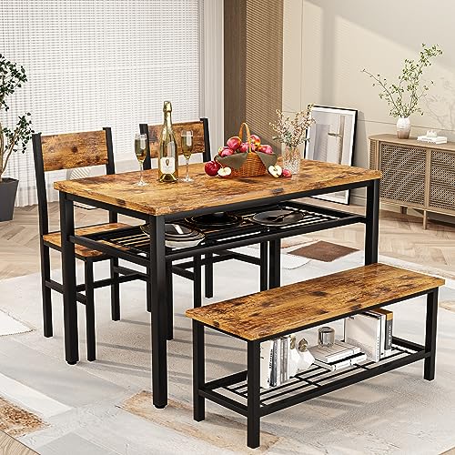 4 Pieces Dining Table Set, Industrial Dining Table with Bench and Chairs, Table Set with Storage Rack