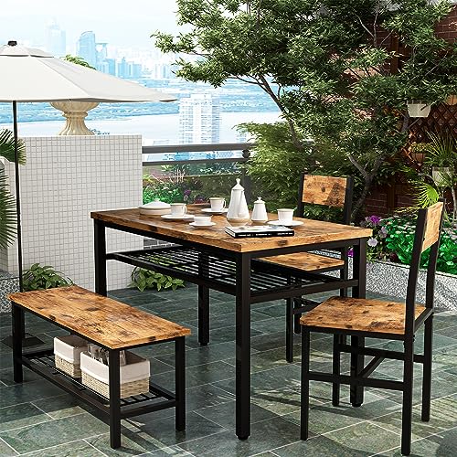 4 Pieces Dining Table Set, Industrial Dining Table with Bench and Chairs, Table Set with Storage Rack