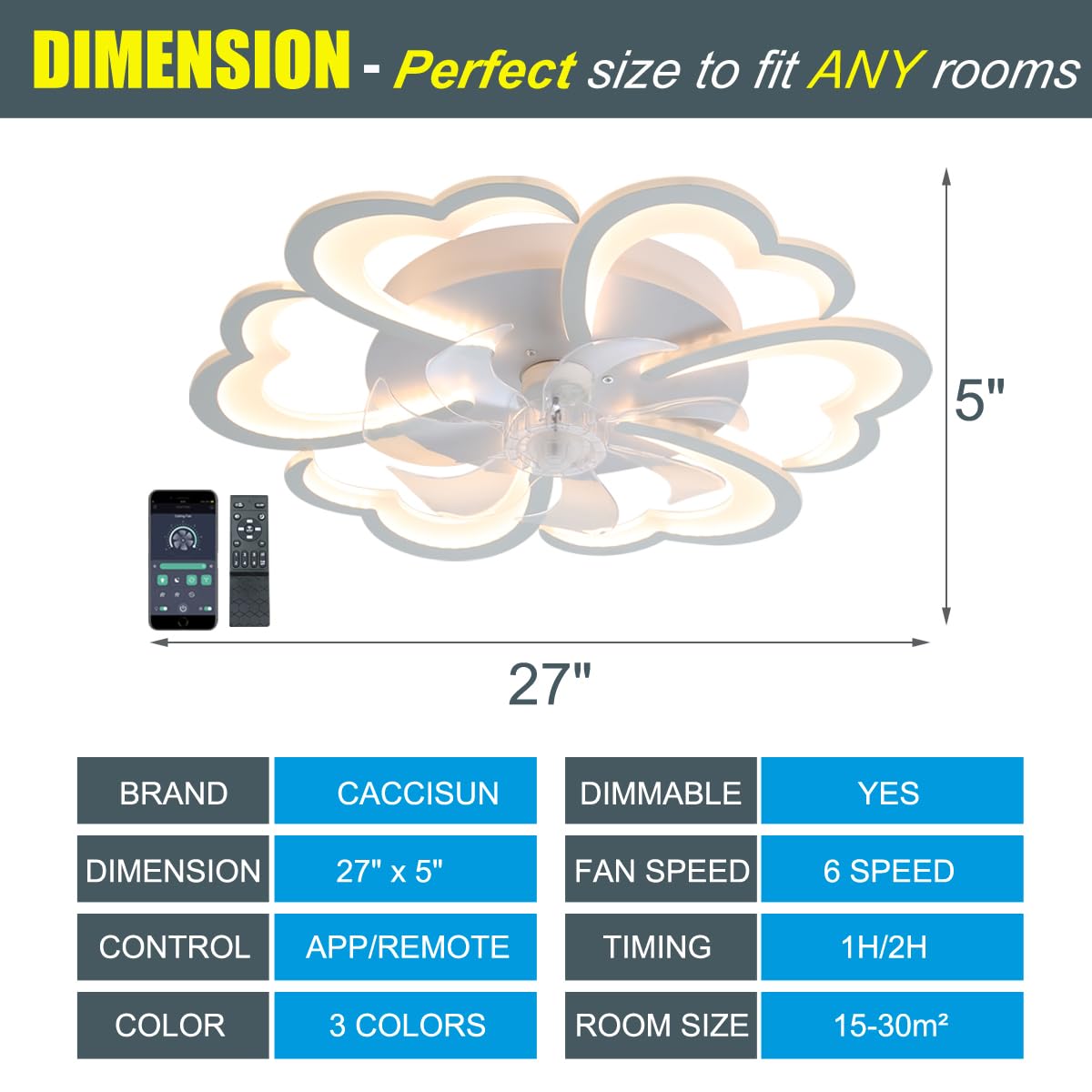 CACCISUN 27" Smart Ceiling Fan with Lights and Remote