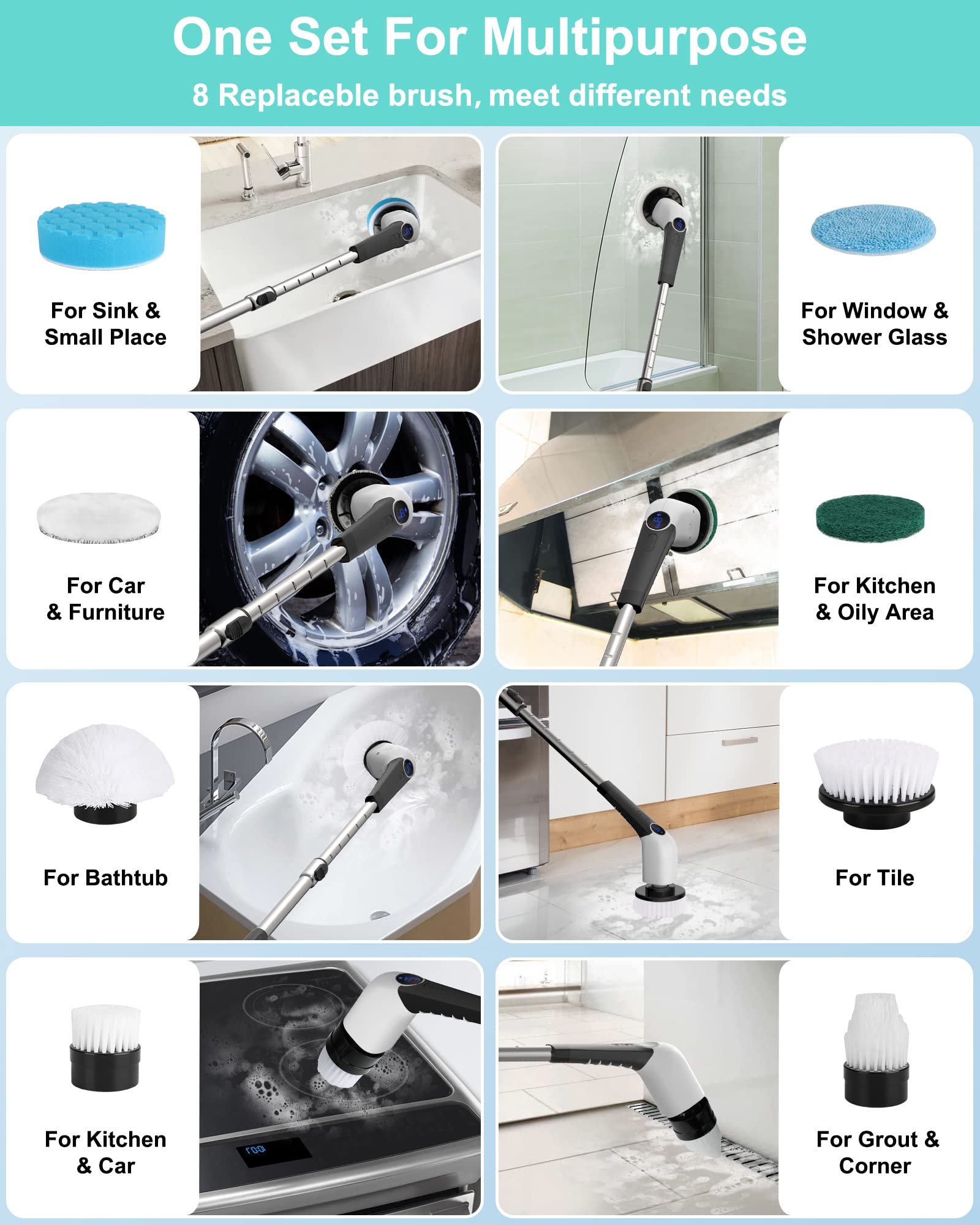 Electric Spin Scrubber, Cleaning with 8 Replaceable Brush Heads, Cordless Electric Cleaning Brush 90Mins Work Time,3Adjustable Speeds