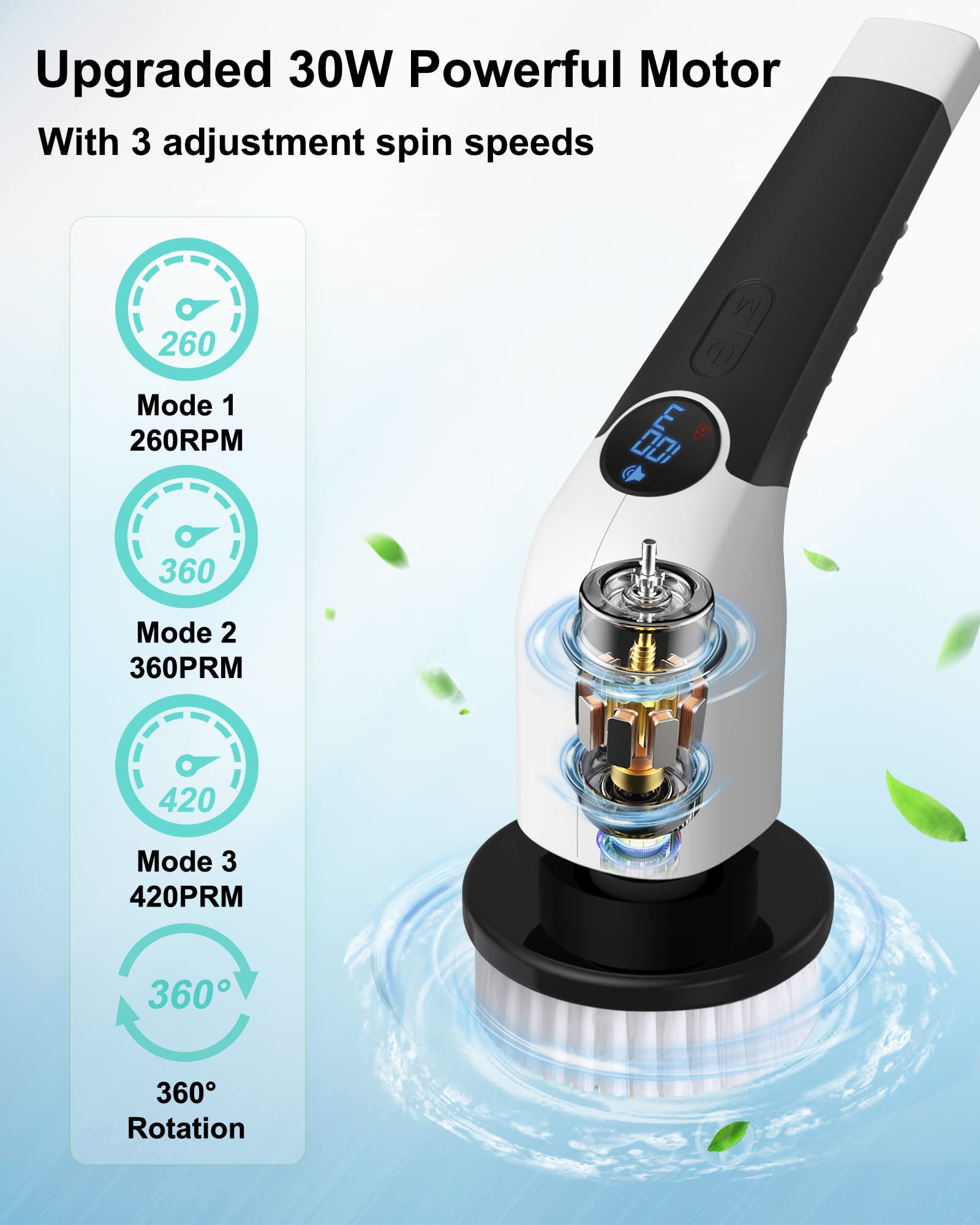 Electric Spin Scrubber, Cleaning with 8 Replaceable Brush Heads, Cordless Electric Cleaning Brush 90Mins Work Time,3Adjustable Speeds