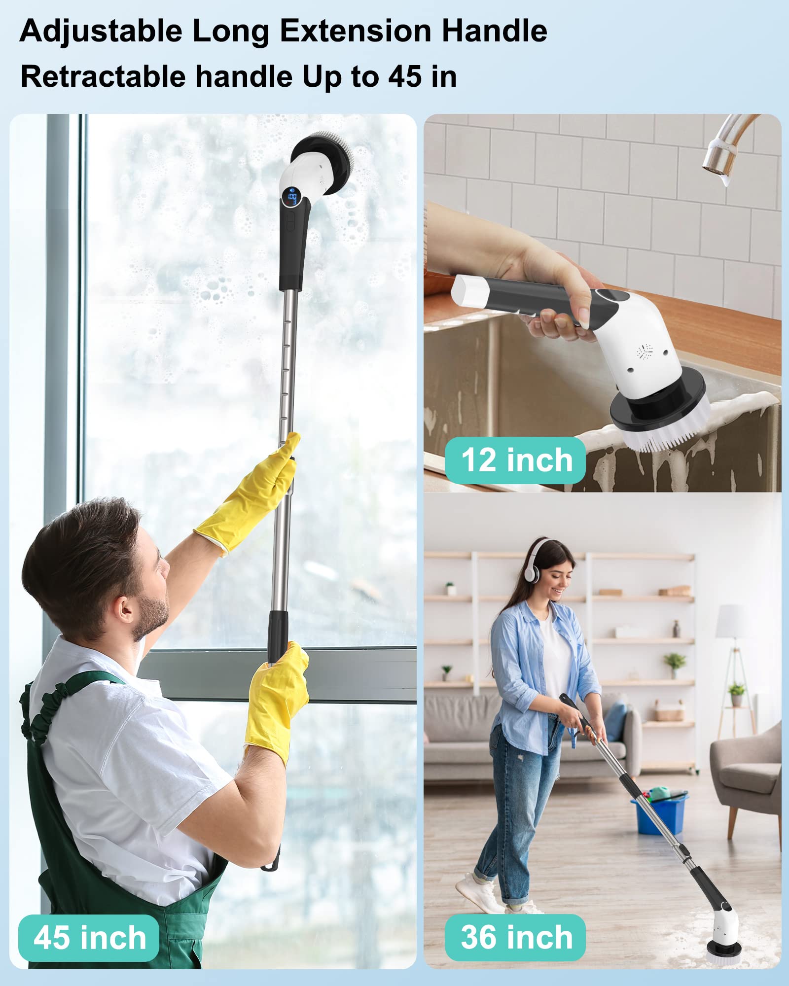 Electric Spin Scrubber, Cleaning with 8 Replaceable Brush Heads, Cordless Electric Cleaning Brush 90Mins Work Time,3Adjustable Speeds