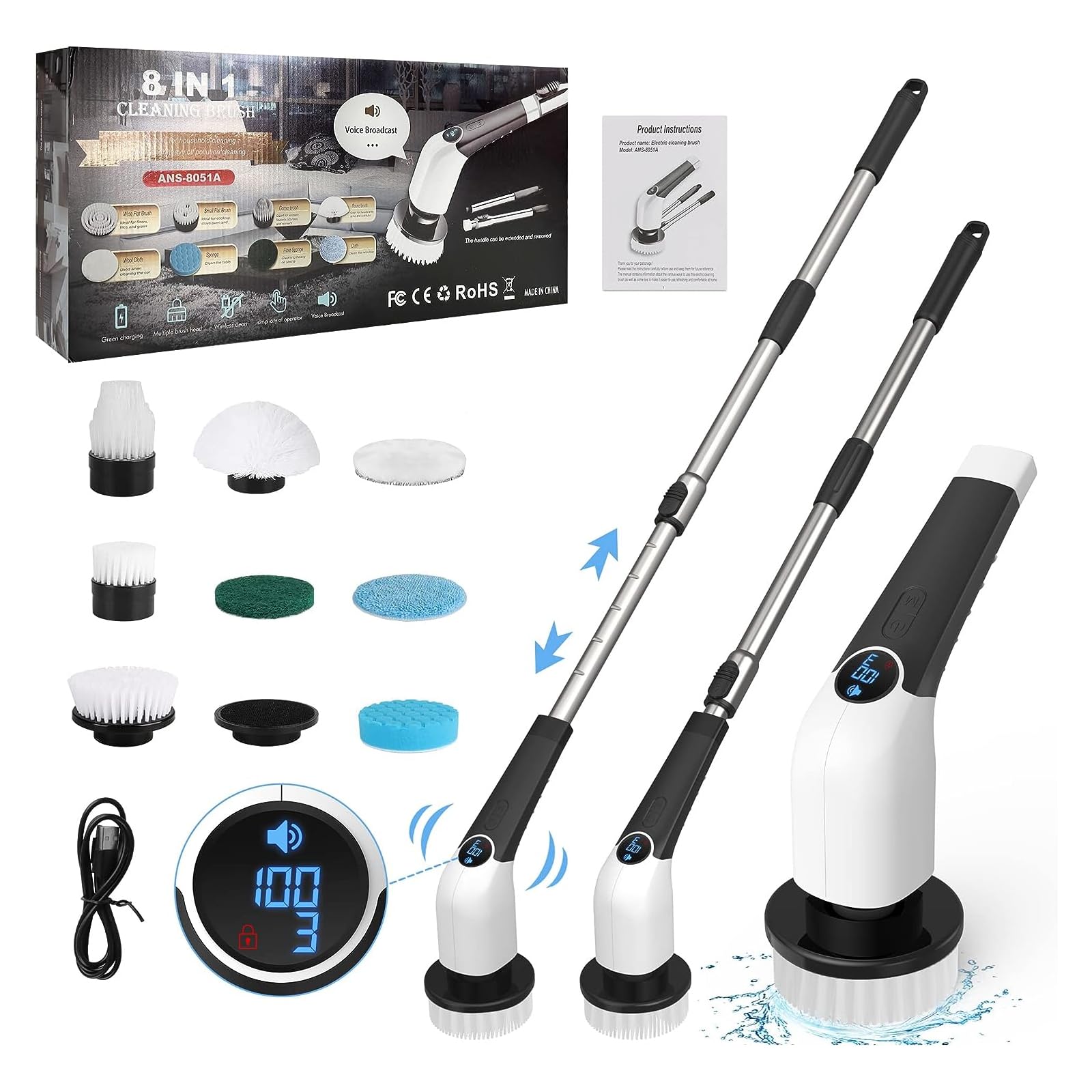 Electric Spin Scrubber, Cleaning with 8 Replaceable Brush Heads, Cordless Electric Cleaning Brush 90Mins Work Time,3Adjustable Speeds