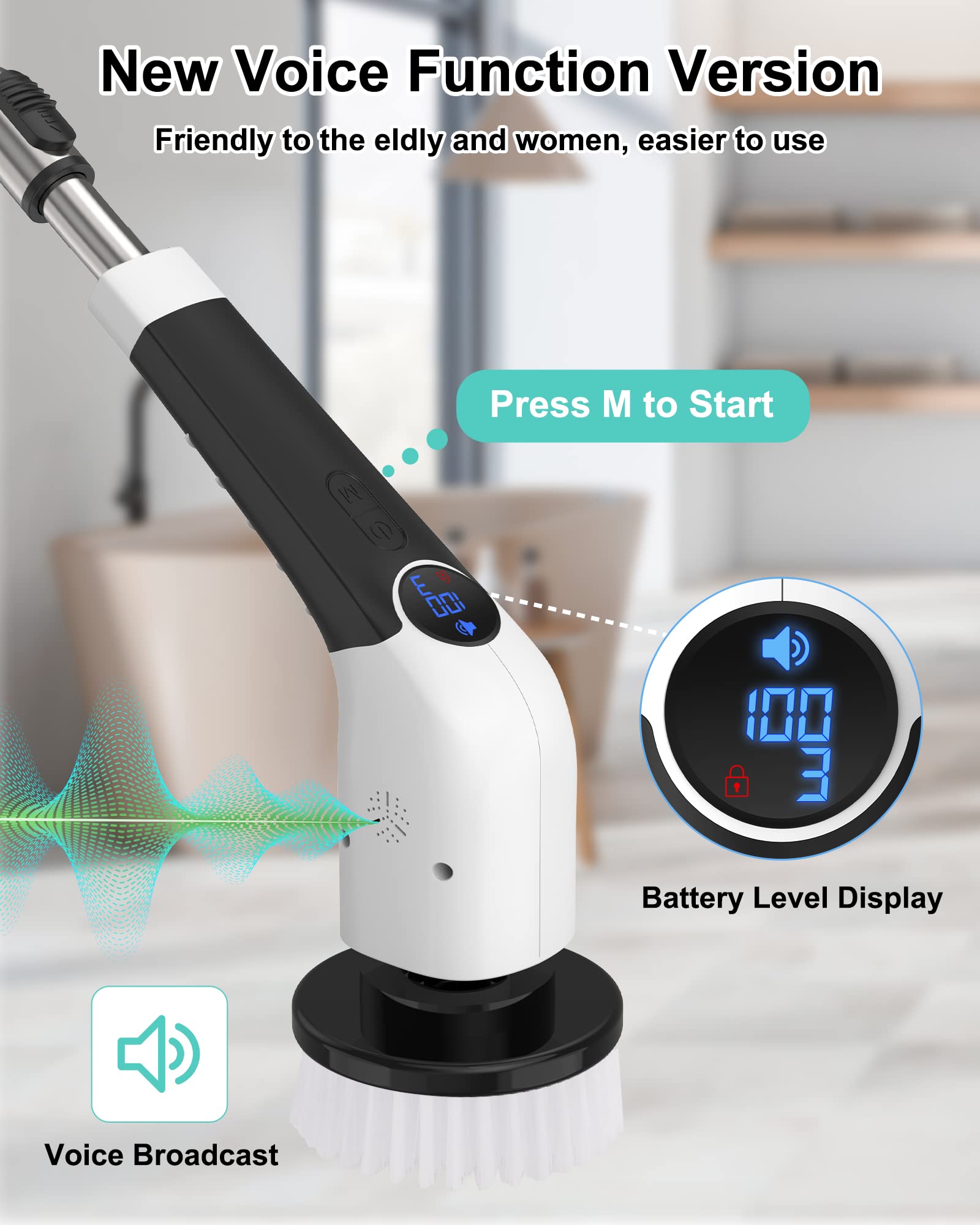 Electric Spin Scrubber, Cleaning with 8 Replaceable Brush Heads, Cordless Electric Cleaning Brush 90Mins Work Time,3Adjustable Speeds