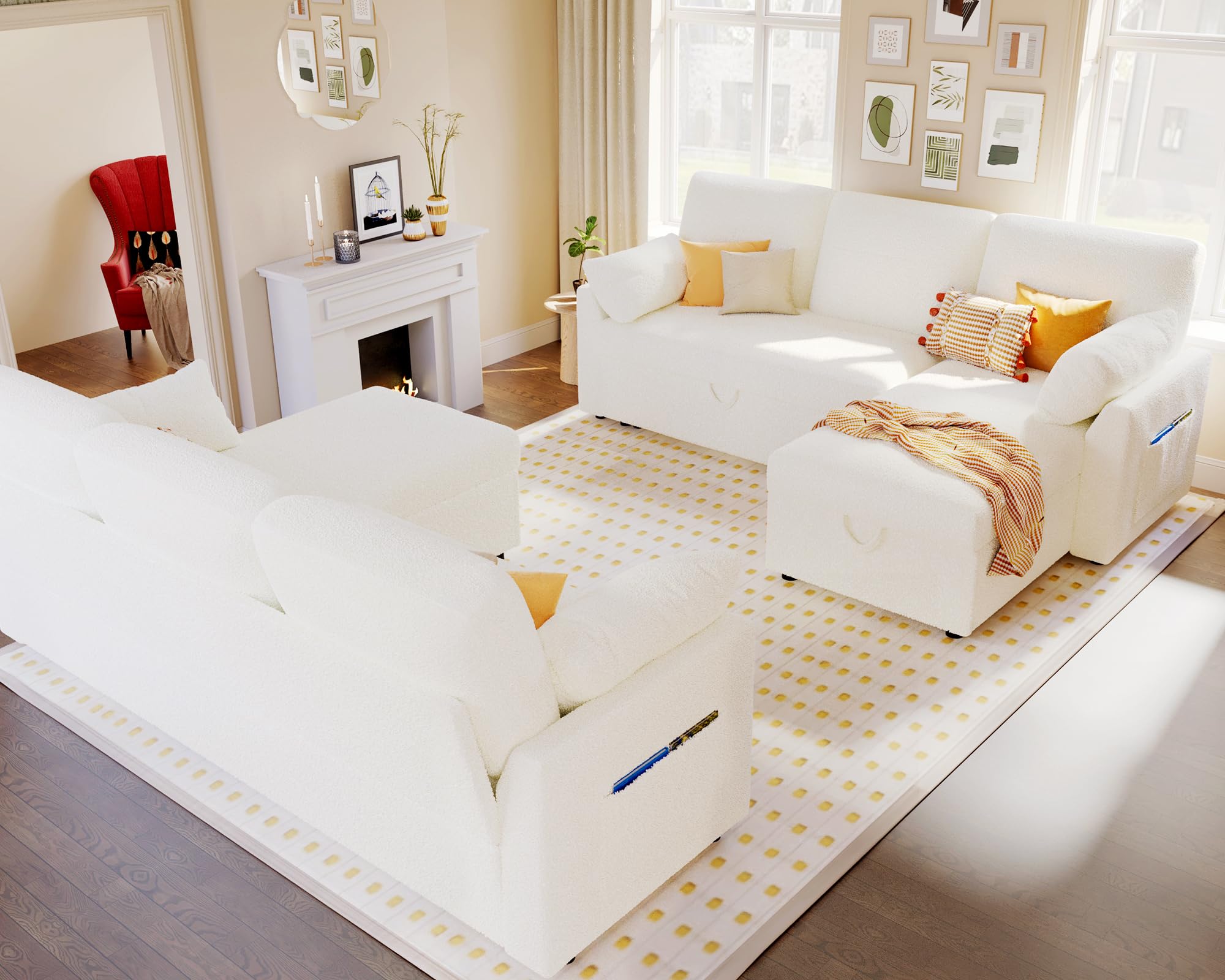 112 Inch Pull Out Sofa Bed with Storage Chaise & 3 Seater, Oversized U Shape Sectional Couch with Pull Out Bed,