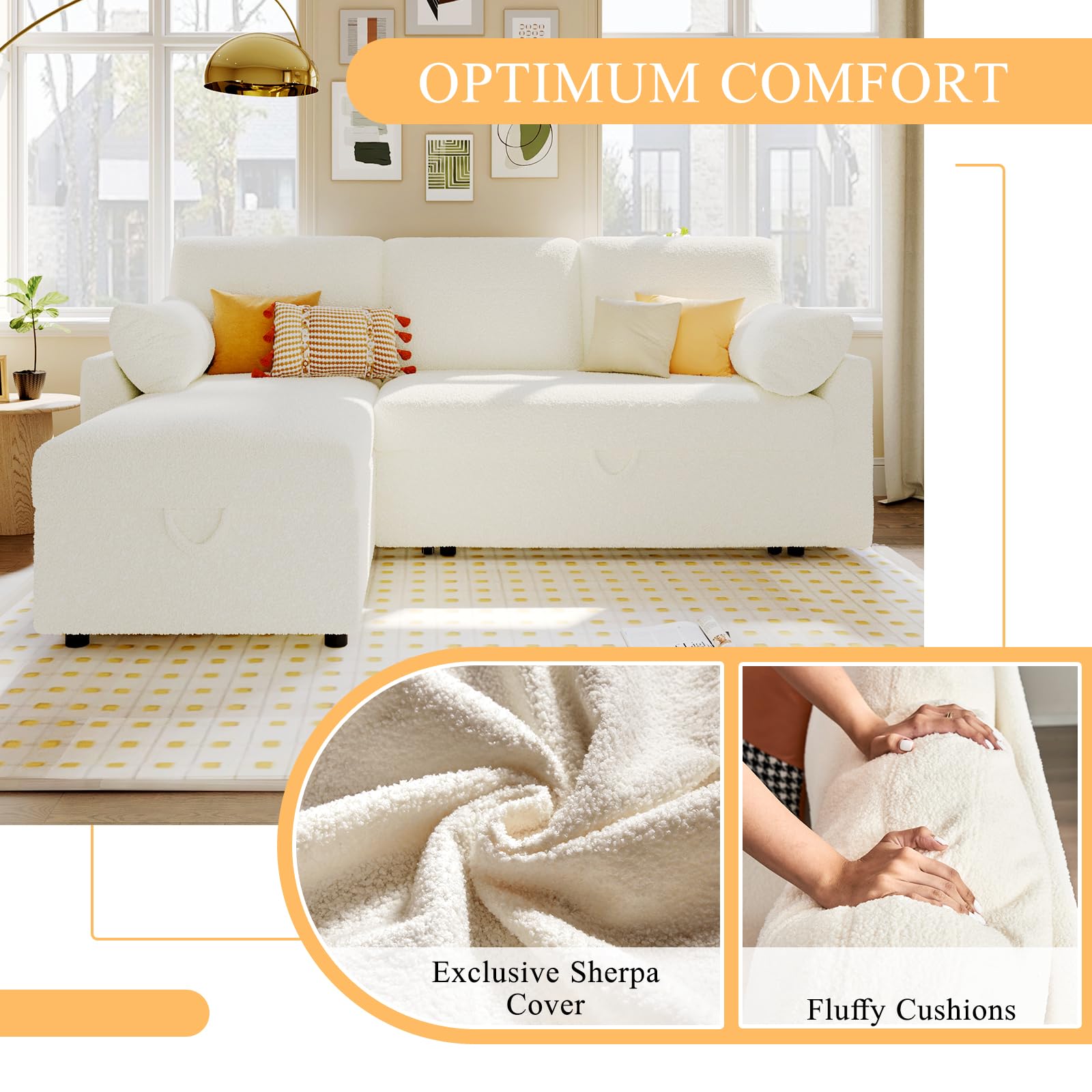 112 Inch Pull Out Sofa Bed with Storage Chaise & 3 Seater, Oversized U Shape Sectional Couch with Pull Out Bed,