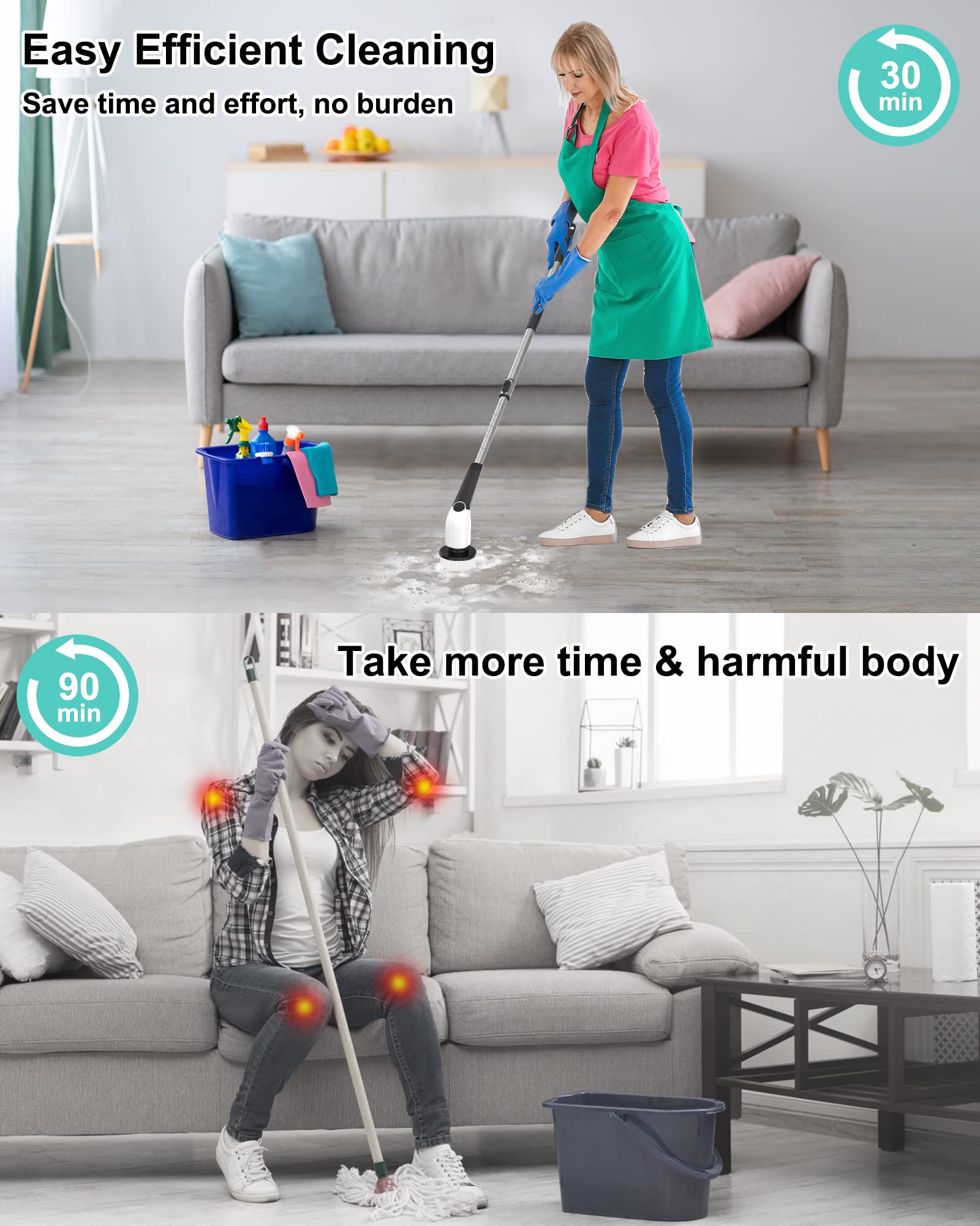 Electric Spin Scrubber, Cleaning with 8 Replaceable Brush Heads, Cordless Electric Cleaning Brush 90Mins Work Time,3Adjustable Speeds