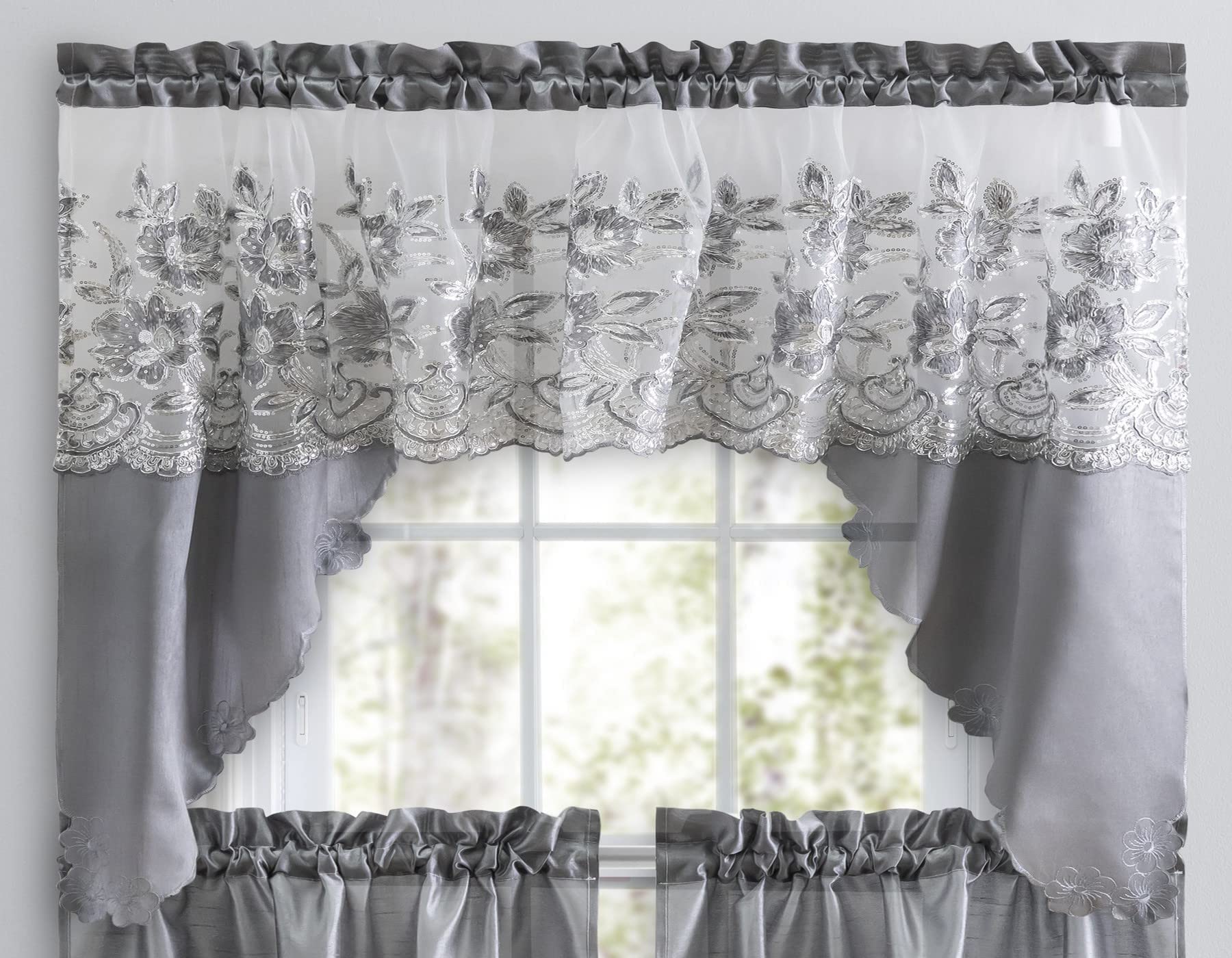 3 Piece Embroidered Window Curtain Set. Kitchen, Living Room or Bathroom Curtains