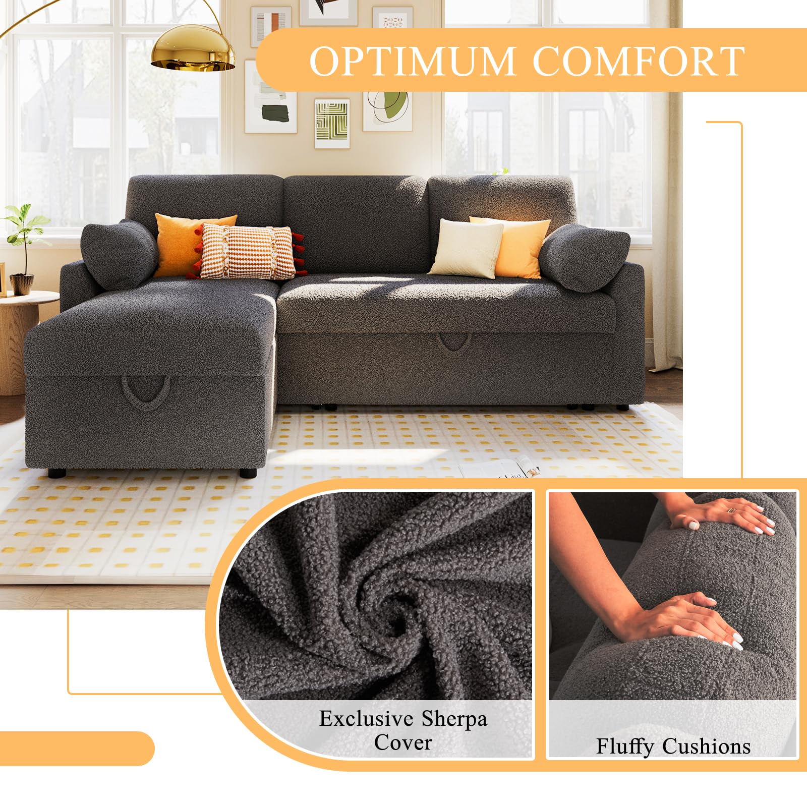 112 Inch Pull Out Sofa Bed with Storage Chaise & 3 Seater, Oversized U Shape Sectional Couch with Pull Out Bed,