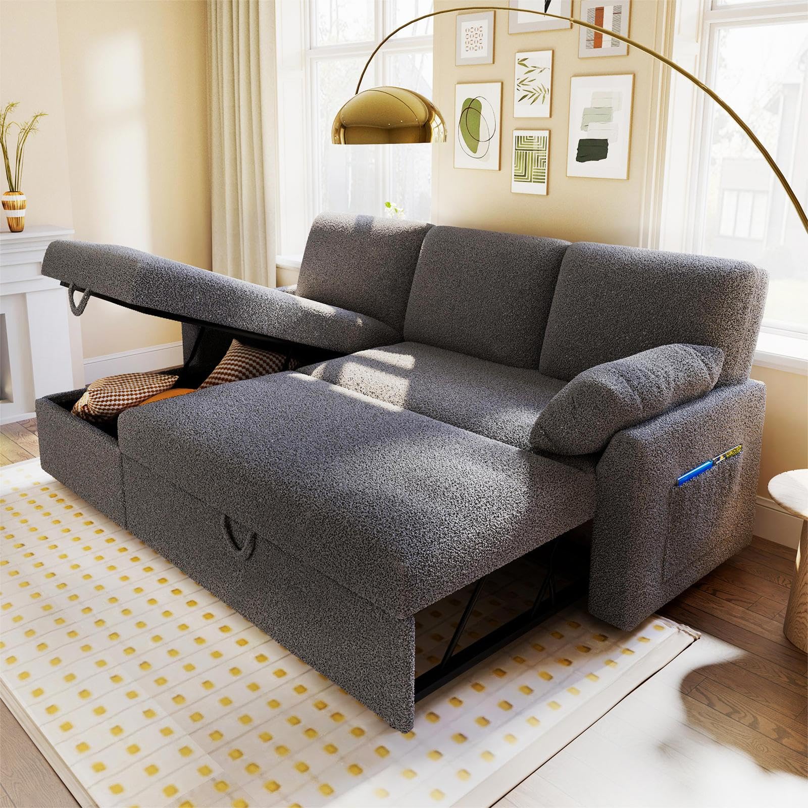 112 Inch Pull Out Sofa Bed with Storage Chaise & 3 Seater, Oversized U Shape Sectional Couch with Pull Out Bed,