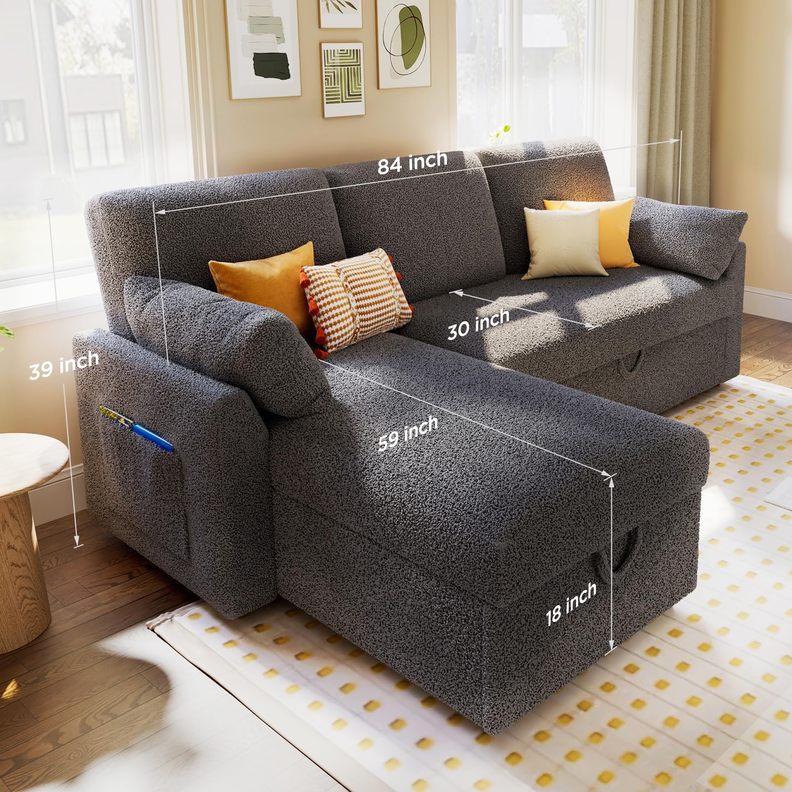 112 Inch Pull Out Sofa Bed with Storage Chaise & 3 Seater, Oversized U Shape Sectional Couch with Pull Out Bed,
