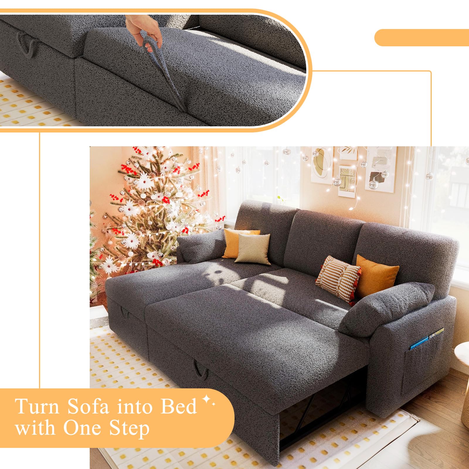 112 Inch Pull Out Sofa Bed with Storage Chaise & 3 Seater, Oversized U Shape Sectional Couch with Pull Out Bed,