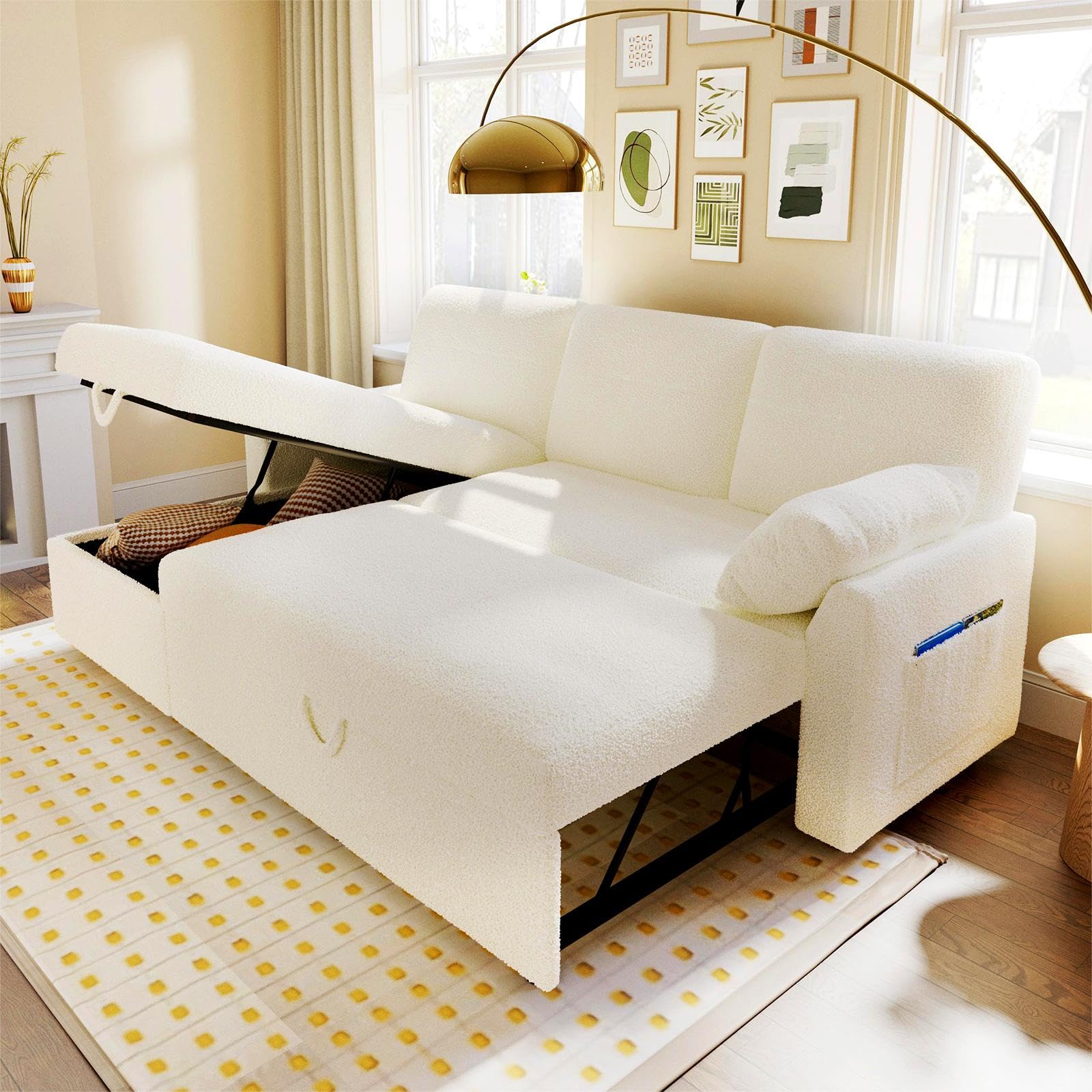 112 Inch Pull Out Sofa Bed with Storage Chaise & 3 Seater, Oversized U Shape Sectional Couch with Pull Out Bed,