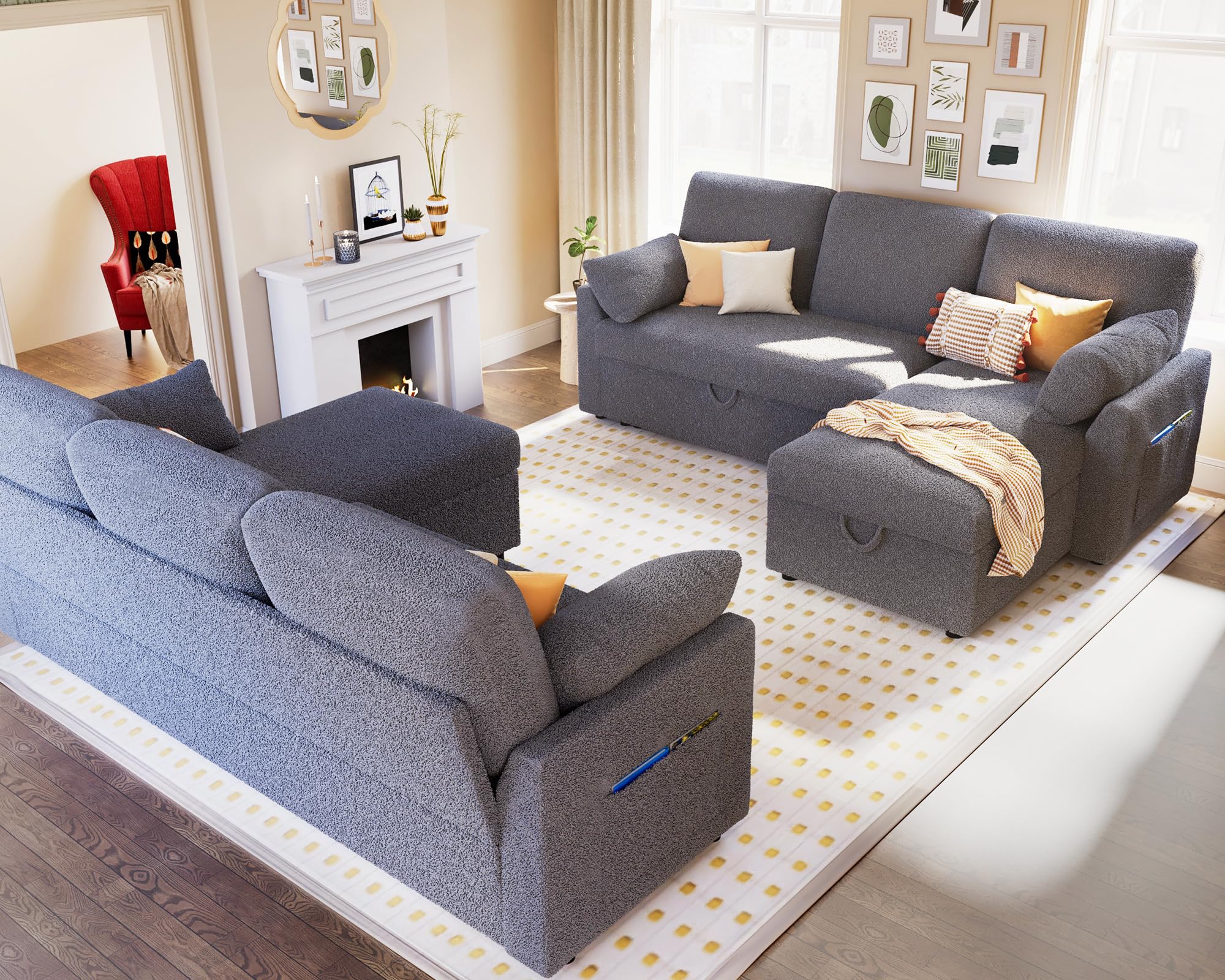 112 Inch Pull Out Sofa Bed with Storage Chaise & 3 Seater, Oversized U Shape Sectional Couch with Pull Out Bed,