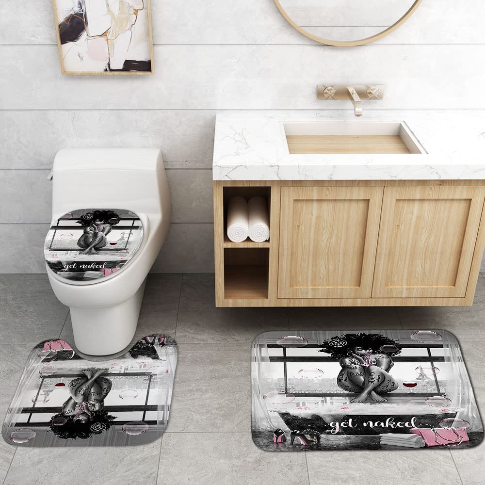 4PCS Sexy Black Girl Magic Shower Curtain Set,