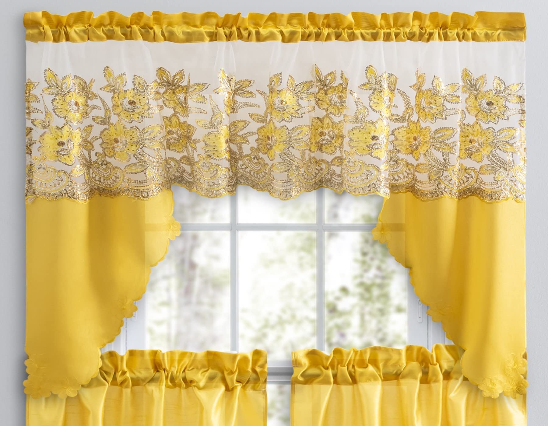 3 Piece Embroidered Window Curtain Set. Kitchen, Living Room or Bathroom Curtains