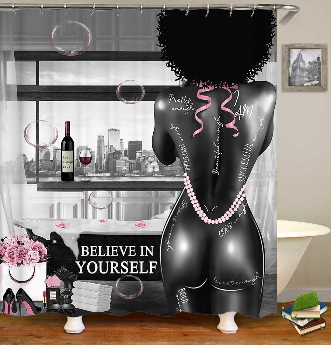 4PCS Sexy Black Girl Magic Shower Curtain Set,