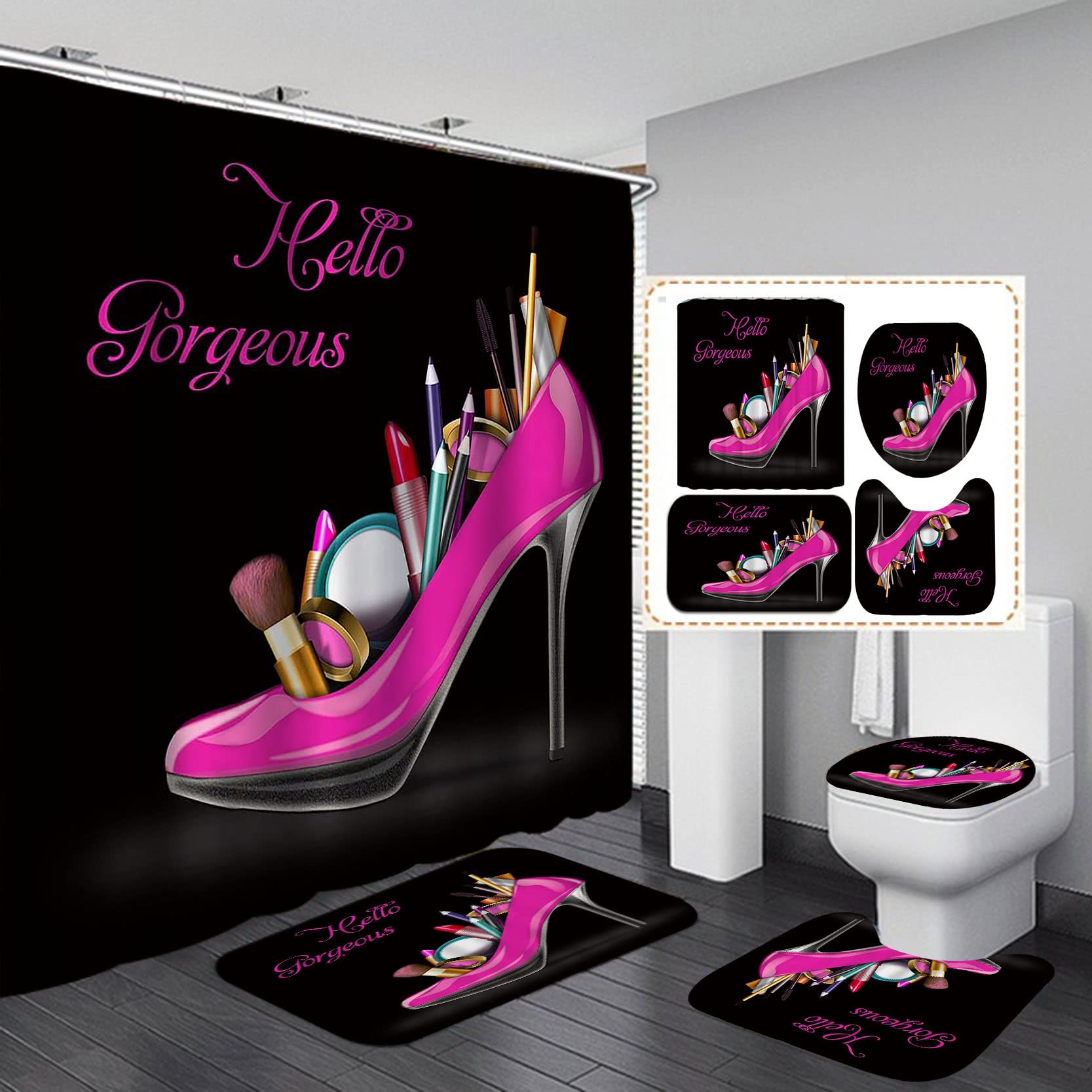 4PCS Sexy Black Girl Magic Shower Curtain Set,