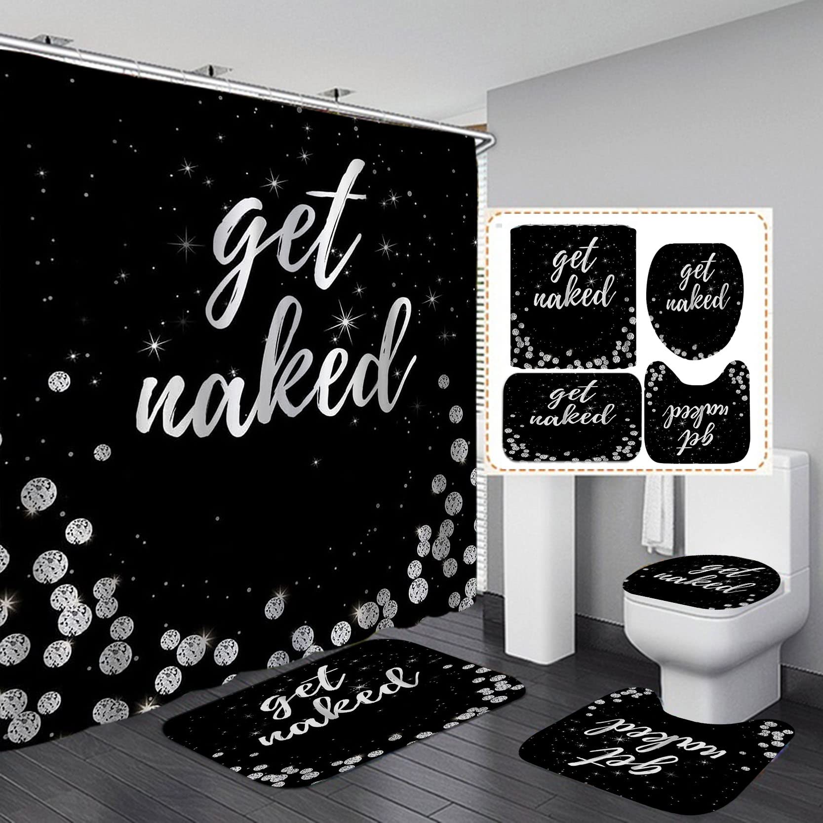 4PCS Sexy Black Girl Magic Shower Curtain Set,
